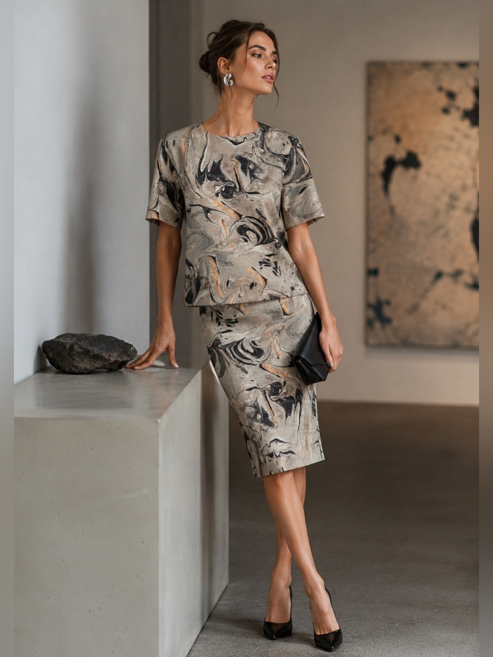 Theory Silk Marble Print Matching Set P 0 Wearable Art Quiet Luxury F08 - Picture 1 of 10
